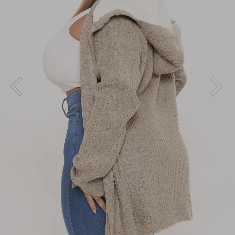 Fashion Nova Ribbed Hooded Cardigan in Taupe - Picture 2 of 6